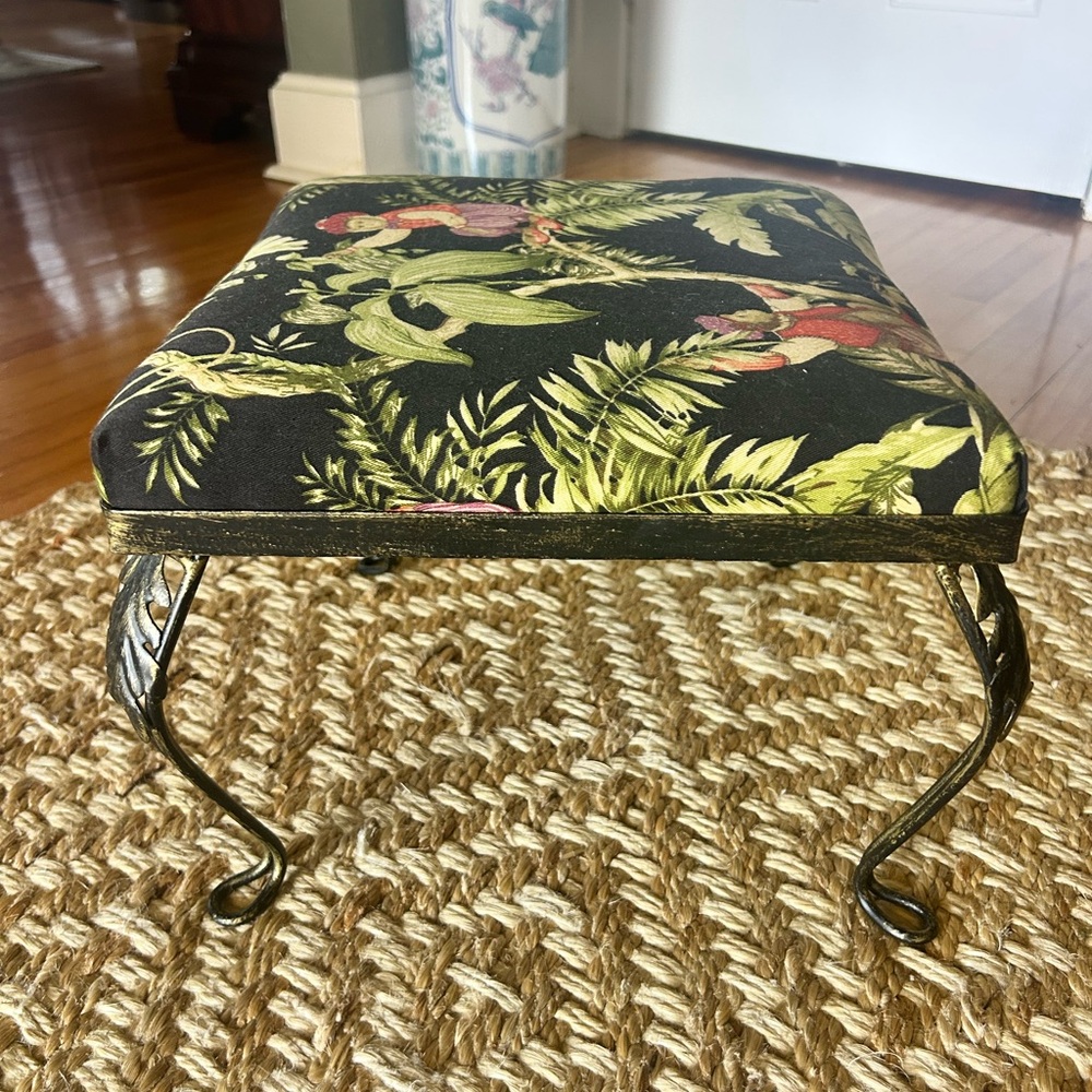 Tropical Print Footstool with Black and Green Cushion